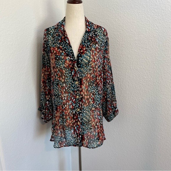 Joanna Puff 3/4 Sleeve Sheer Gold Accent Blue Red Black Sexy Top Size 2X - Picture 2 of 11